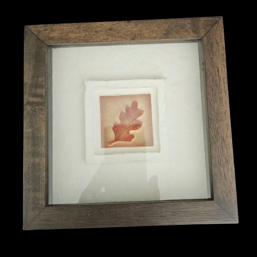 Framed Botanical Leaf Art Rustic Wood Frame Matted Red Brown Nature Decor